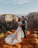 Long A-Line V-Neck Tulle Train Wedding Dress with Lace Appliques BM bride