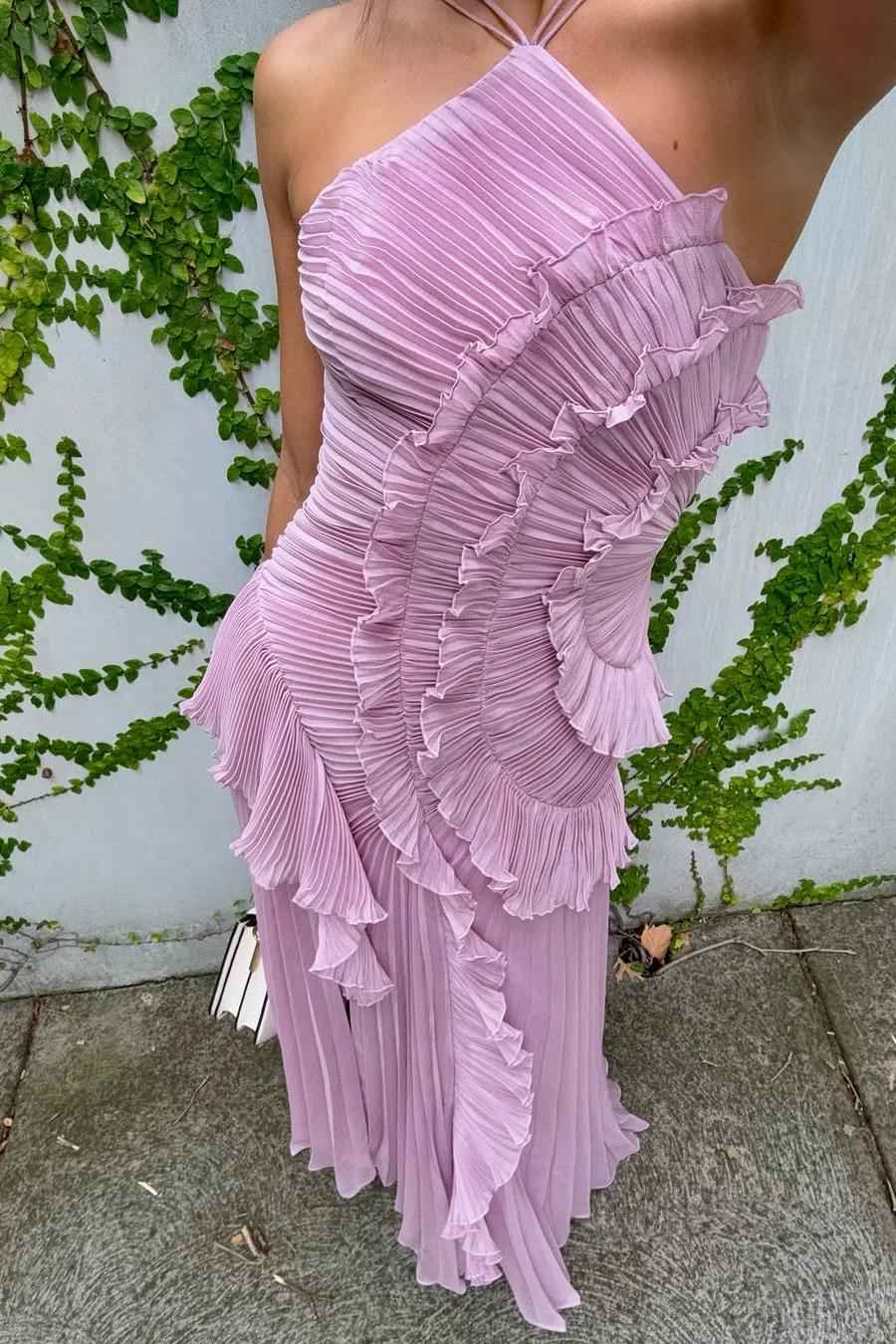 Stunning Halter Sleeveless Long Prom Dress With Pleated Ruffles