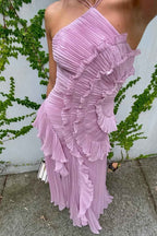 Stunning Halter Sleeveless Long Prom Dress With Pleated Ruffles