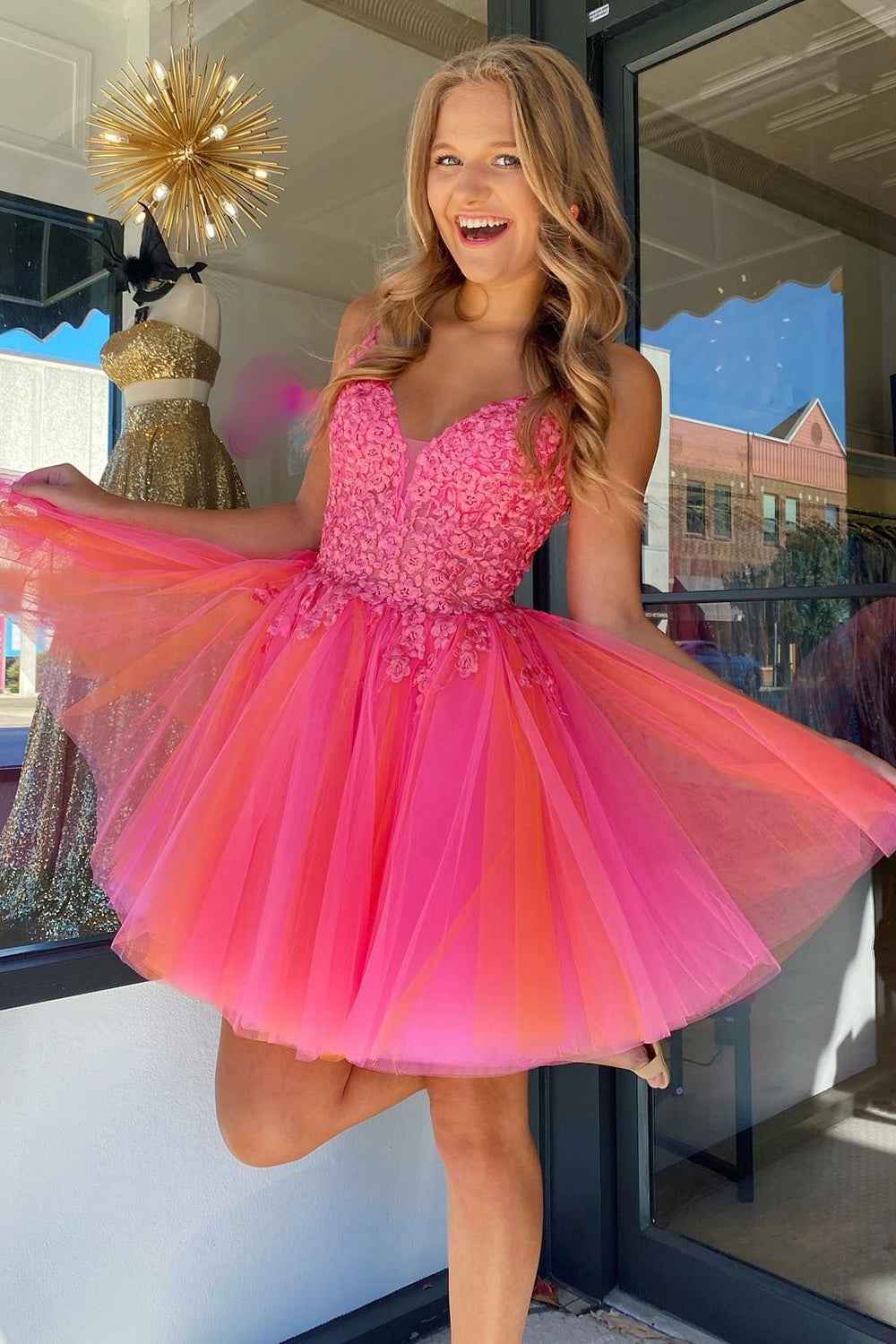 Hot Pink A-Line Tulle Short Homecoming Dress with Lace Bmbride
