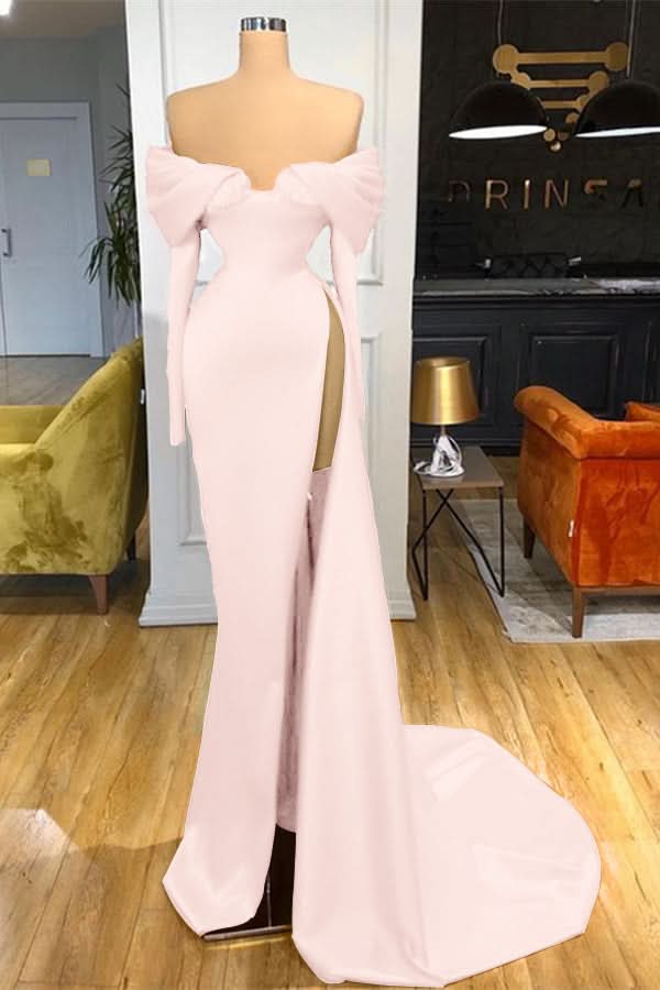 Red Off-the-Shoulder Long Sleeve Mermaid Prom Dress with Split BM bride