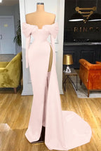 Red Off-the-Shoulder Long Sleeve Mermaid Prom Dress with Split BM bride