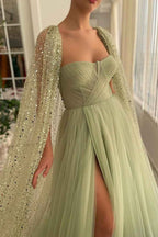 Light Green Sweetheart Tulle Split Prom Dress With Sage Sparkly Sequins Cape