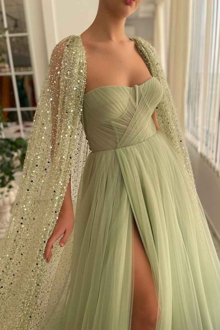 Light Green Sweetheart Tulle Split Prom Dress With Sage Sparkly Sequins Cape