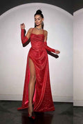 Sleeveless Spaghetti Strap Long Split Prom Dress With Sequins