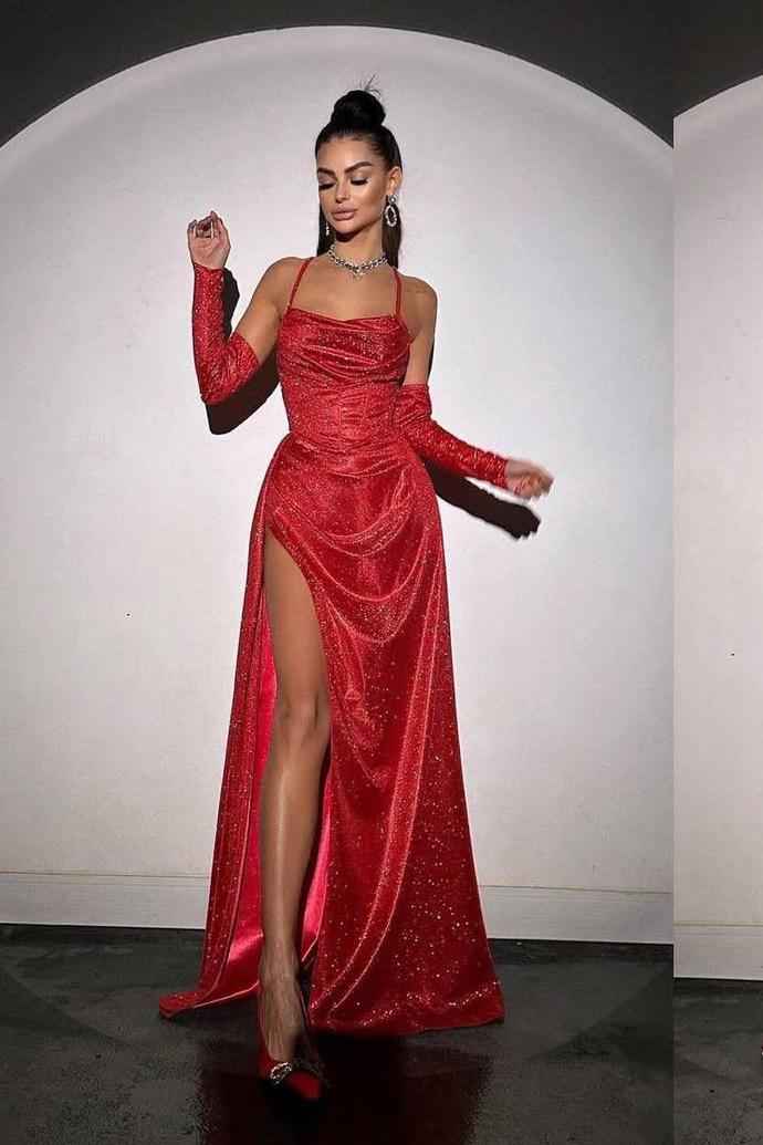 Sleeveless Spaghetti Strap Long Split Prom Dress With Sequins