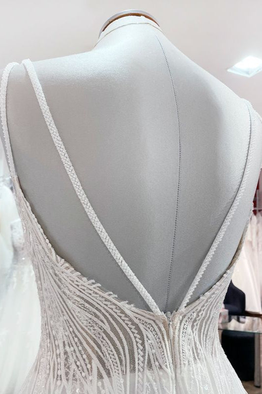 V-Neck Sleeveless Long A-Line Wedding Dress with Sequins, Ruffles, and Open Back Tulle BM bride