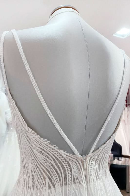 V-Neck Sleeveless Long A-Line Wedding Dress with Sequins, Ruffles, and Open Back Tulle BM bride
