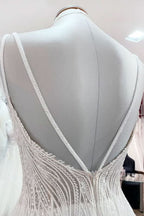 V-Neck Sleeveless Long A-Line Wedding Dress with Sequins, Ruffles, and Open Back Tulle BM bride