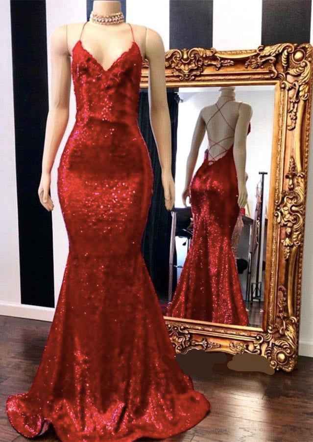 Mermaid Red Spaghetti Strap V Neck Sleeveless Long Prom Dress With Sequins