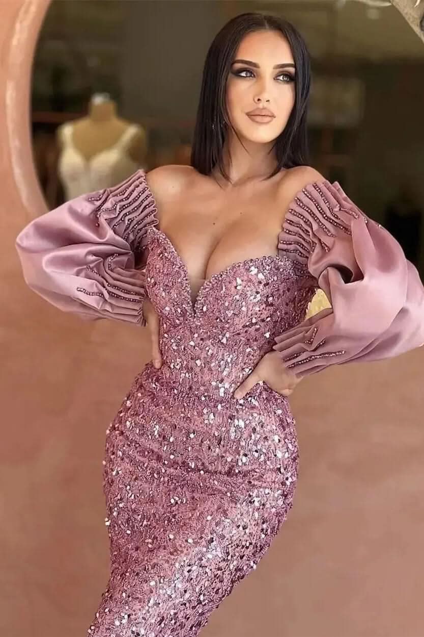 Off-The-Shoulder Mermaid Sweetheart Long Sleeves Evening Dress with Sequins BM bride
