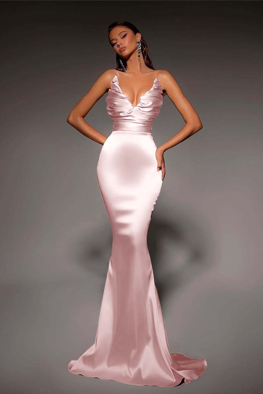 Strapless V Neck Sleeveless Long Mermaid Prom Dress With Pleated BMBRIDE