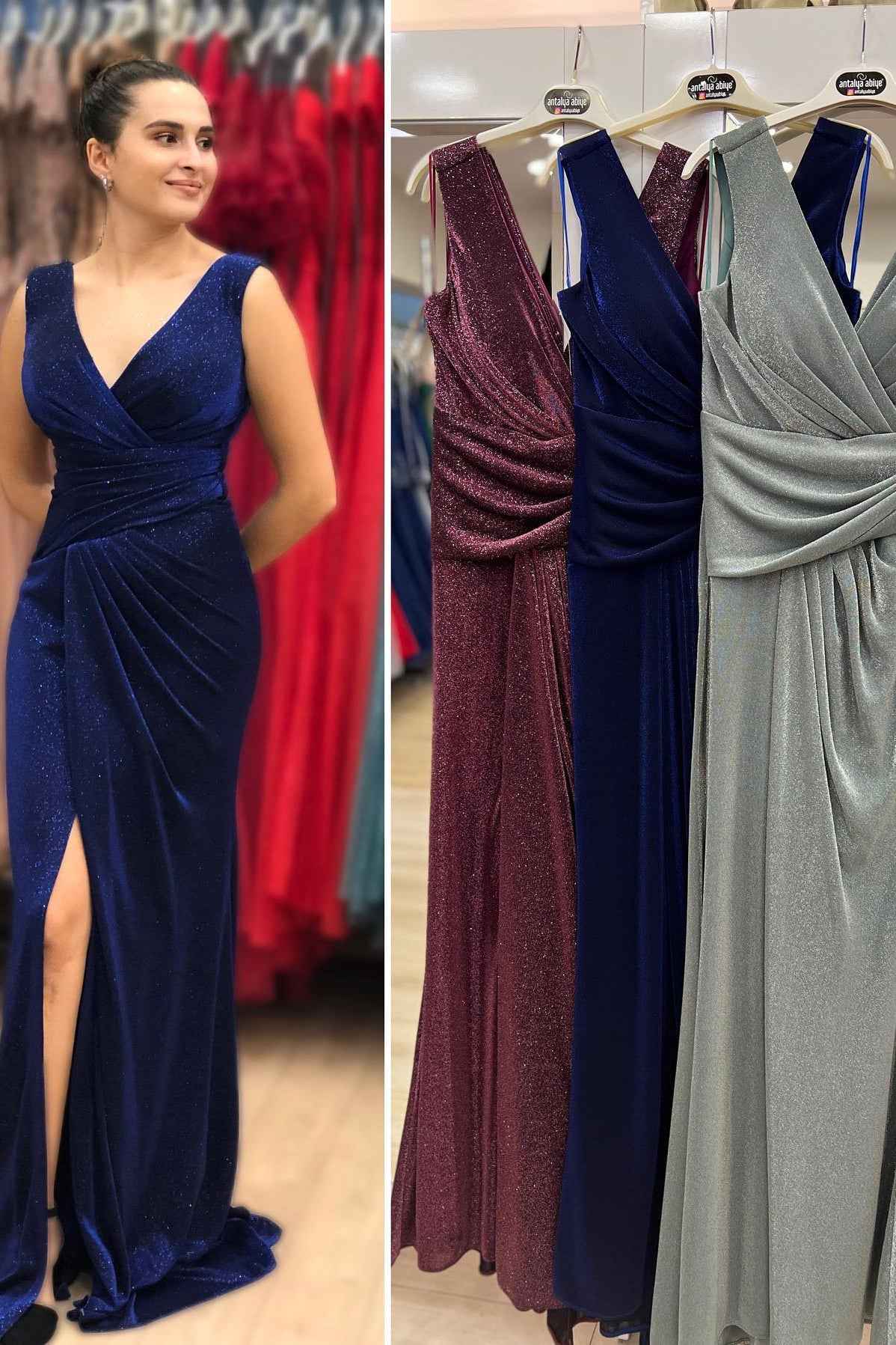 Blue Sequins Sleeveless V Neck Long Mermaid Prom Dress With Split