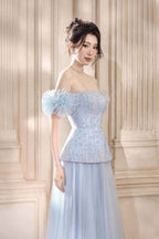 Strapless Off the Shoulder Long Prom Dress With Beading Tulle