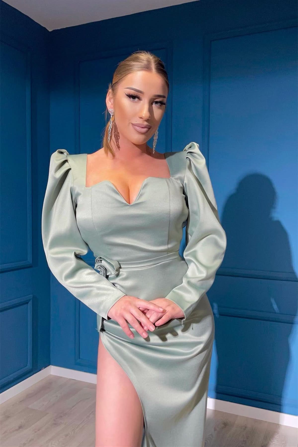 Dusty Sage Elegant Long Sleeves Front Split V-Neck Evening Dress On Sale BM bride