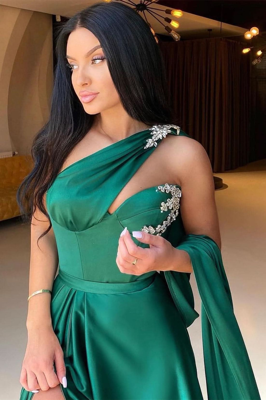 Dark Green One-Shoulder Mermaid Evening Dress with Split and Beadings BM bride