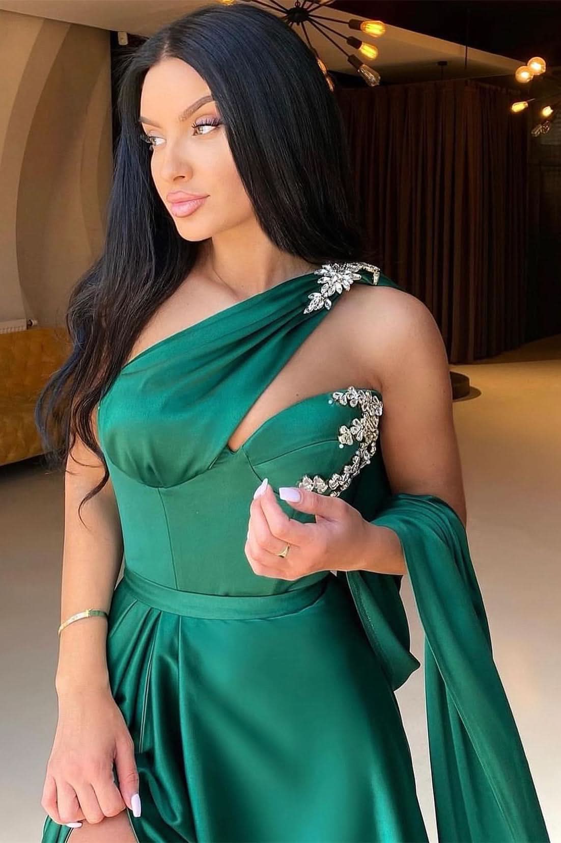 Dark Green One-Shoulder Mermaid Evening Dress with Split and Beadings BM bride