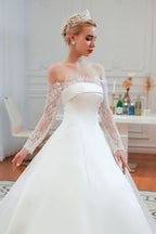 Stunning Off-the-Shoulder Long Sleeve A-Line Satin Wedding Dress with Lace BM bride