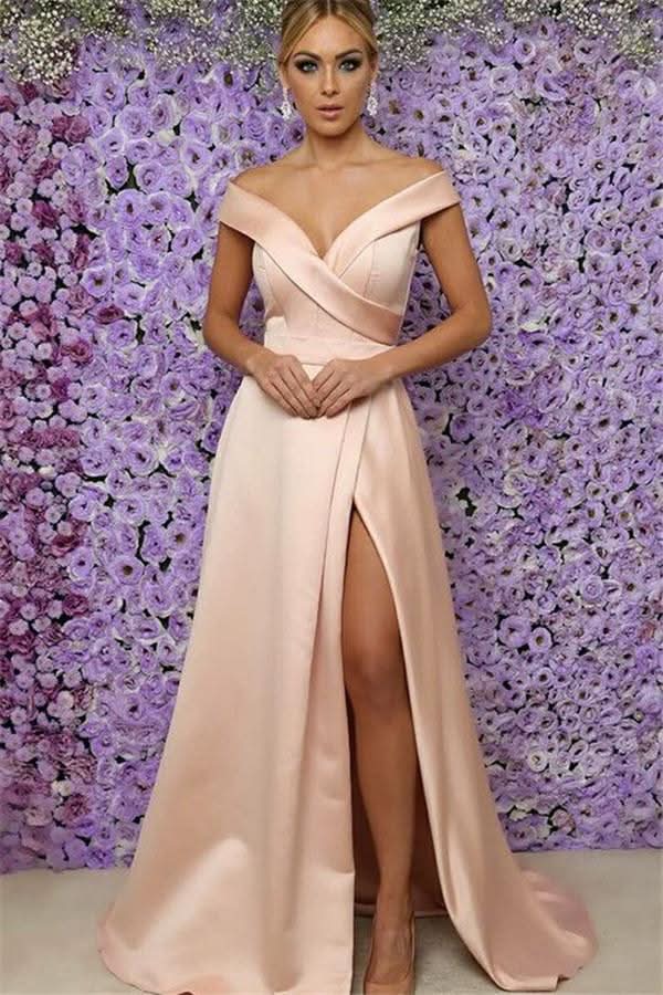 Off-the-Shoulder Prom Dress with Split BM bride