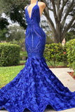 Royal Blue Halter V-Neck Open-Back Sleeveless Mermaid Prom Dress BM bride