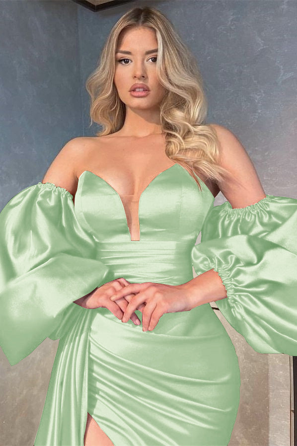 Shiny V-Neck Evening Prom Dress with Detachable Sleeves, Ruffles, and Split BM bride