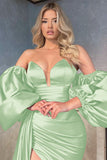 Shiny V-Neck Evening Prom Dress with Detachable Sleeves, Ruffles, and Split BM bride
