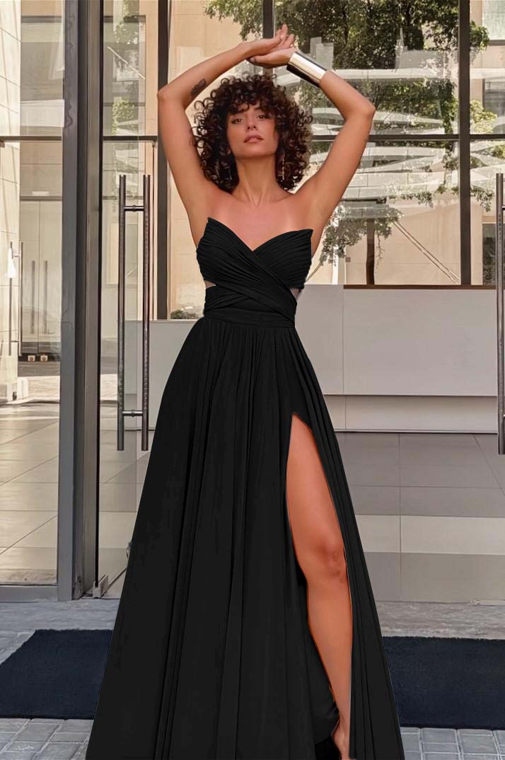 Strapless Sleeveless Long High Split Prom Dress With Pleated BMBRIDE