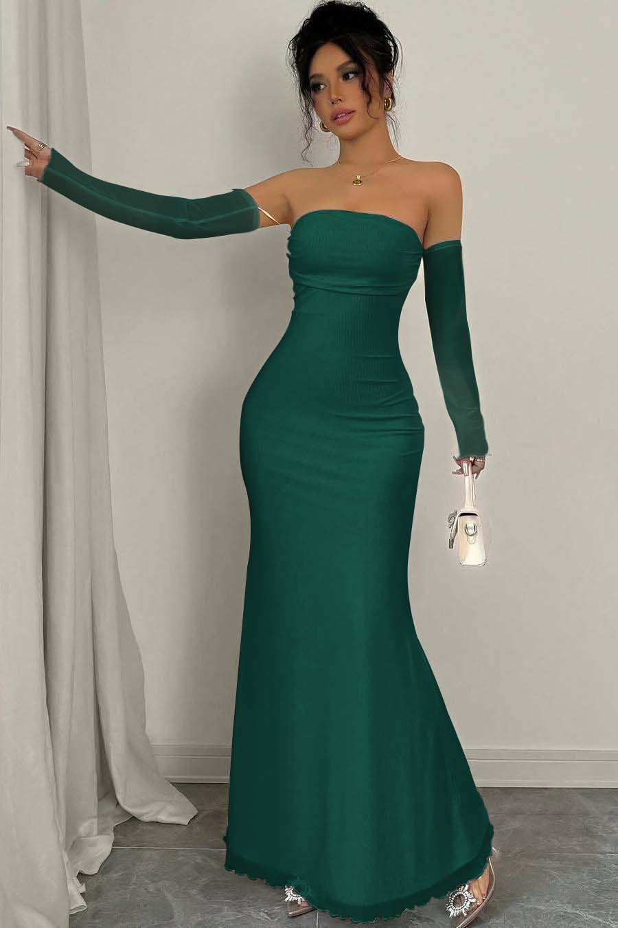 Strapless Long Mermaid Prom Dress With Detachable Sleeves Pleated BMBRIDE