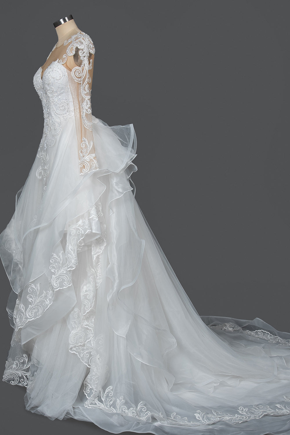 A-Line V-neck Hi-Lo Wedding Dress Open Back Ruffles Tulle With Appliques Lace BM bride