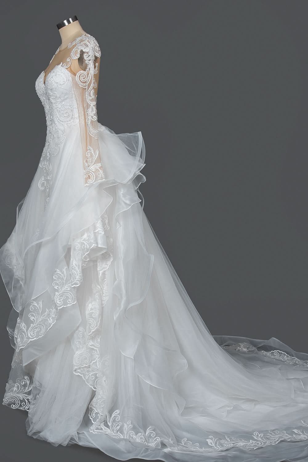 A-Line V-neck Hi-Lo Wedding Dress Open Back Ruffles Tulle With Appliques Lace BM bride