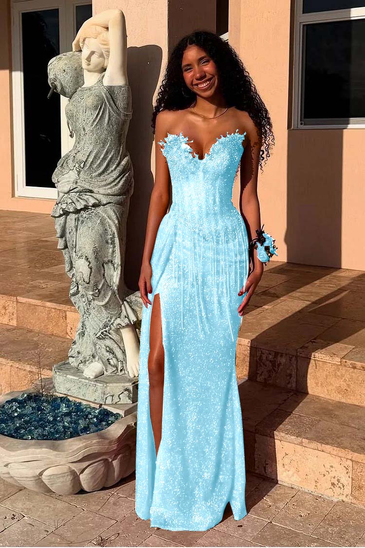 Red Strapless Sleeveless Long Mermaid Prom Dress With Sequins Split