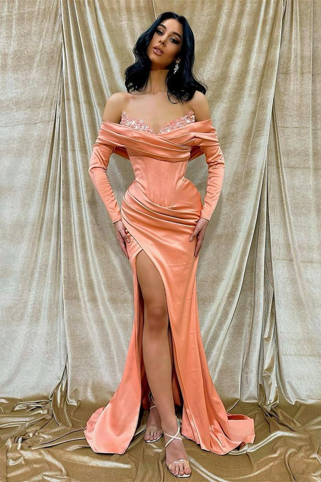 Off-The-Shoulder Long Sleeves Front Split Mermaid Prom Dress with Sequins BM bride