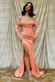 Off-The-Shoulder Long Sleeves Front Split Mermaid Prom Dress with Sequins BM bride
