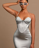 Elegant Grey Charmeuse Halter Evening Gown BM bride