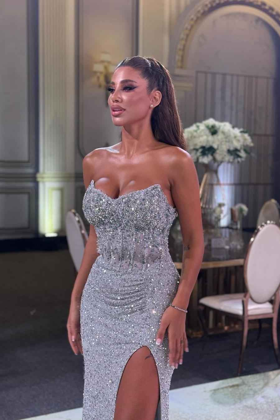Sequins Strapless Sleeveless Split Long Prom Dress With Beading
