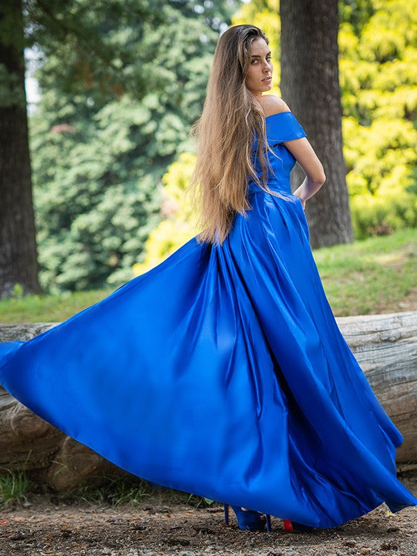 Stunning Royal Blue Off the Shoulder Split Long Elegant Prom Dress BMBRIDE