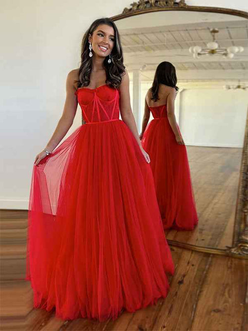 Red A-Line Strapless Sweetheart Neck Lace Long Prom Dress BMBRIDE
