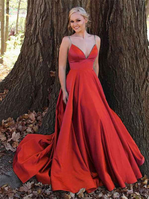 Green A Line V-Neck Spaghetti Straps Satin Long Prom Dress BMBRIDE