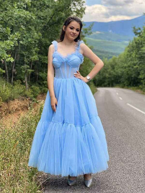 Blue A Line Sweetheart Neck Tulle Tea Length Prom Dress BMBRIDE