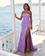 Charming Purple Long Evening Dress Prom Dress Strapless Sleeveless Slit Pleated BM bride