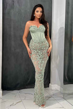 Sweetheart Prom Dress Dusty Sage With Flower Sleeveless Long Tulle Gown