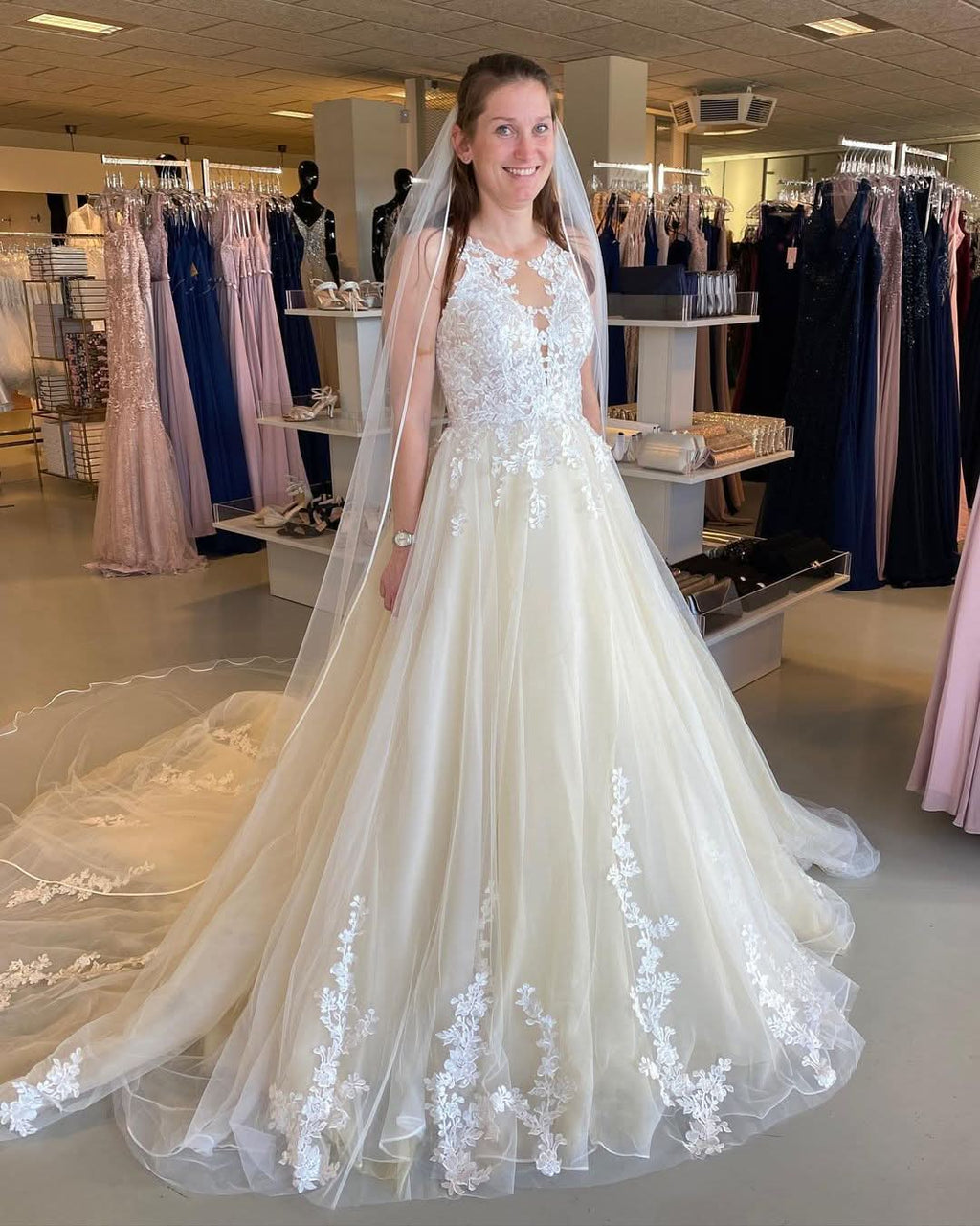 Bateau Neck Floor-Length Backless A-Line Tulle Wedding Dress with Lace Appliques and Ruffles BM bride