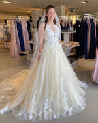 Bateau Neck Floor-Length Backless A-Line Tulle Wedding Dress with Lace Appliques and Ruffles BM bride