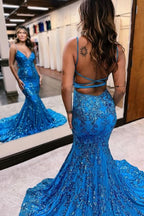 Blue Sequined Appliqued Sleeveless Spaghetti-Straps Mermaid Prom Dress BM bride