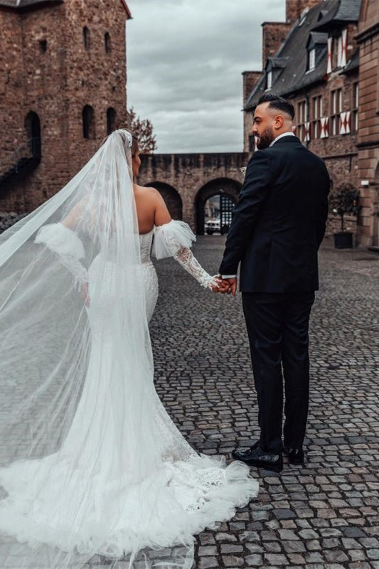 Bubble Sleeve Sweetheart Mermaid Wedding Dress with Lace BM bride