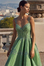 Green Spaghetti Strap Sweetheart Sleeveless Prom Dress With Bead Embroidery