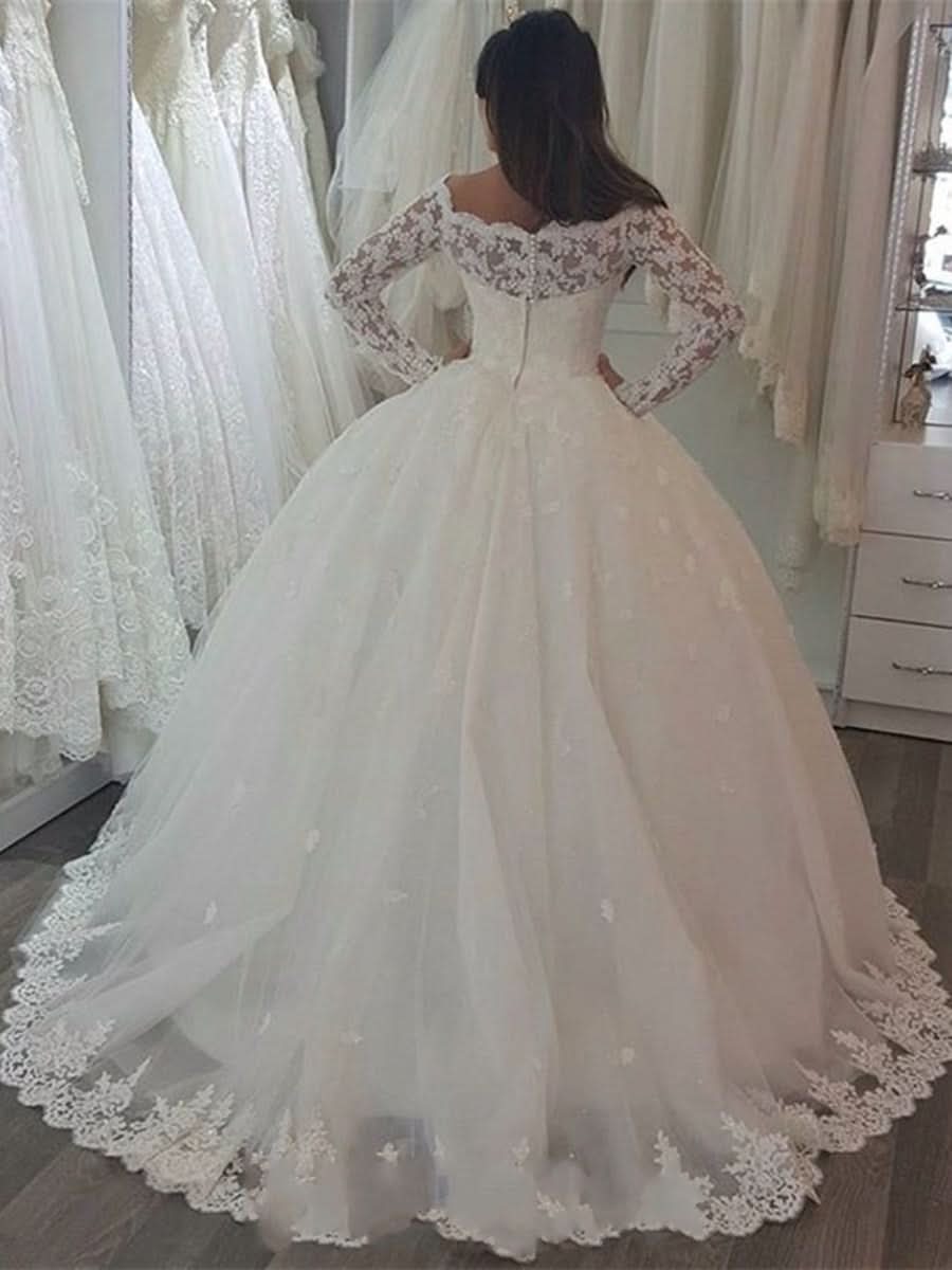 Elegant Off-the-Shoulder Long Sleeve Wedding Dress with Lace Appliques BM bride