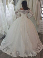 Elegant Off-the-Shoulder Long Sleeve Wedding Dress with Lace Appliques BM bride
