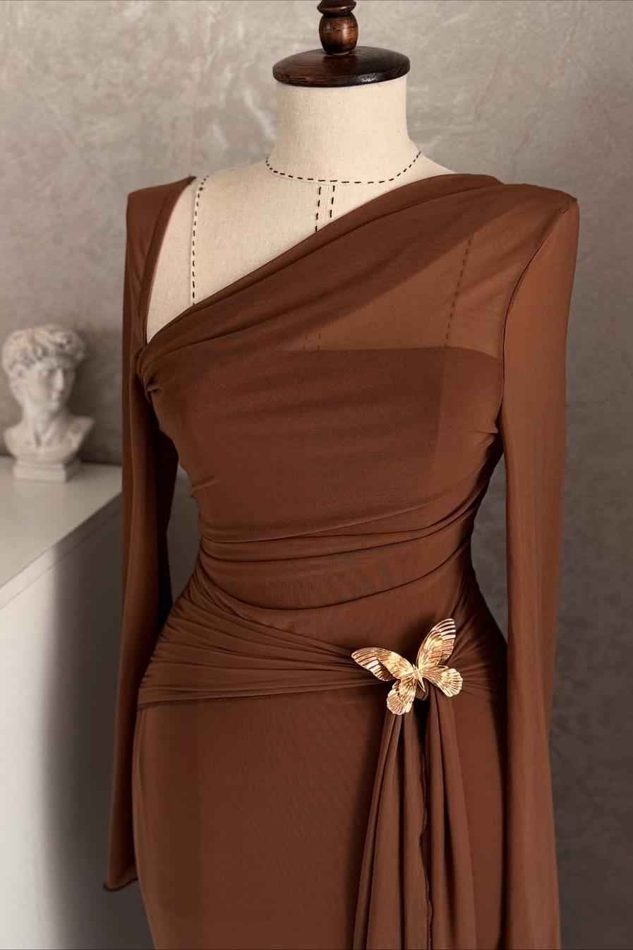 One Shoulder Long Sleeves Long Mermaid Prom Dress With Pleated