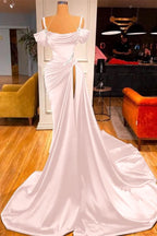Green Off-the-Shoulder Prom Dress with Long Slit and Pleated Detail BM bride